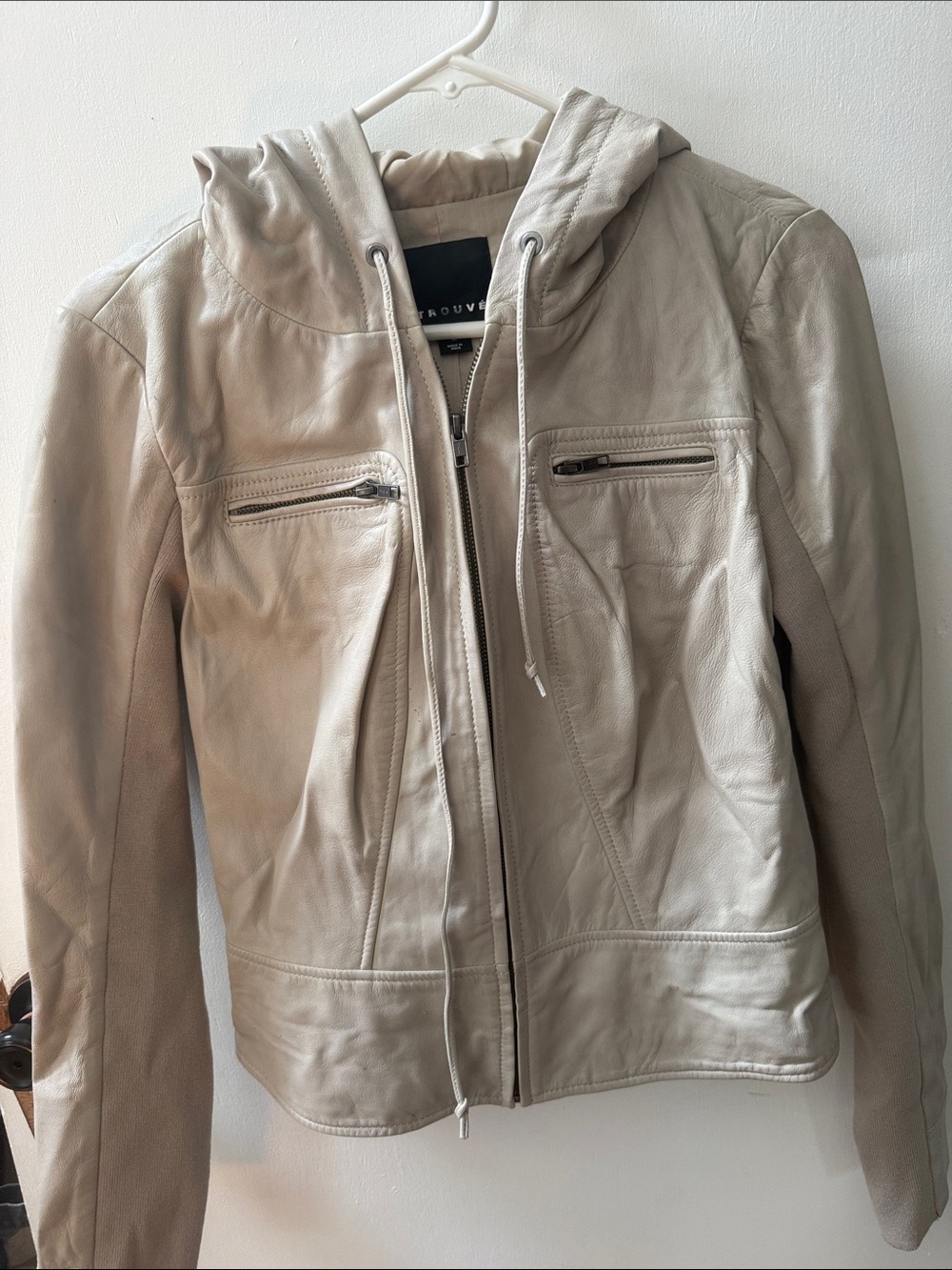Hooded Leather Jacket in Light Beige - Trouvé